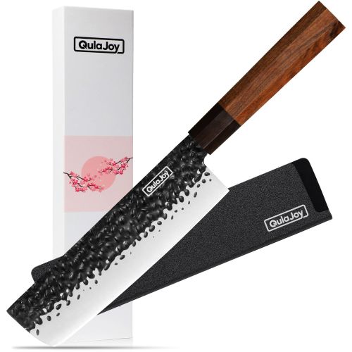 Qulajoy 7 Inch Santoku Knife - Professional Japanese Chef Knife - Razor Sharp 9cr18mov Blade - Hammered Kitchen Knife - Octagonal Rosewood Handle