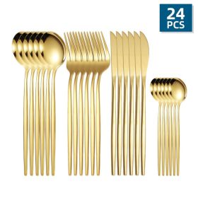 24pcs/Set Stainless Steel Cutlery; Portuguese Cutlery Spoon; Western Cutlery Set (Color: Golden)